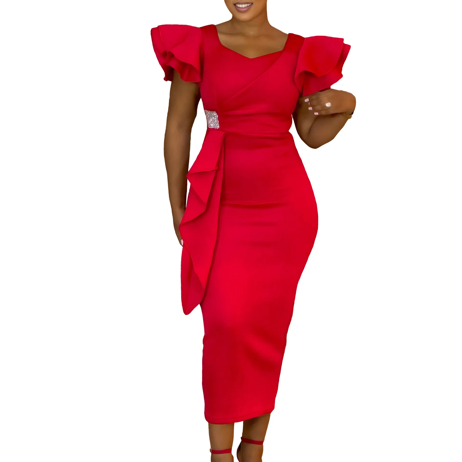 CM.YAYA Women Short Ruffles Sleeve O-neck Ribbon Bodycon Midi Dress 2025 Street Africa OL Evening Sexy Party Dresses Vestido