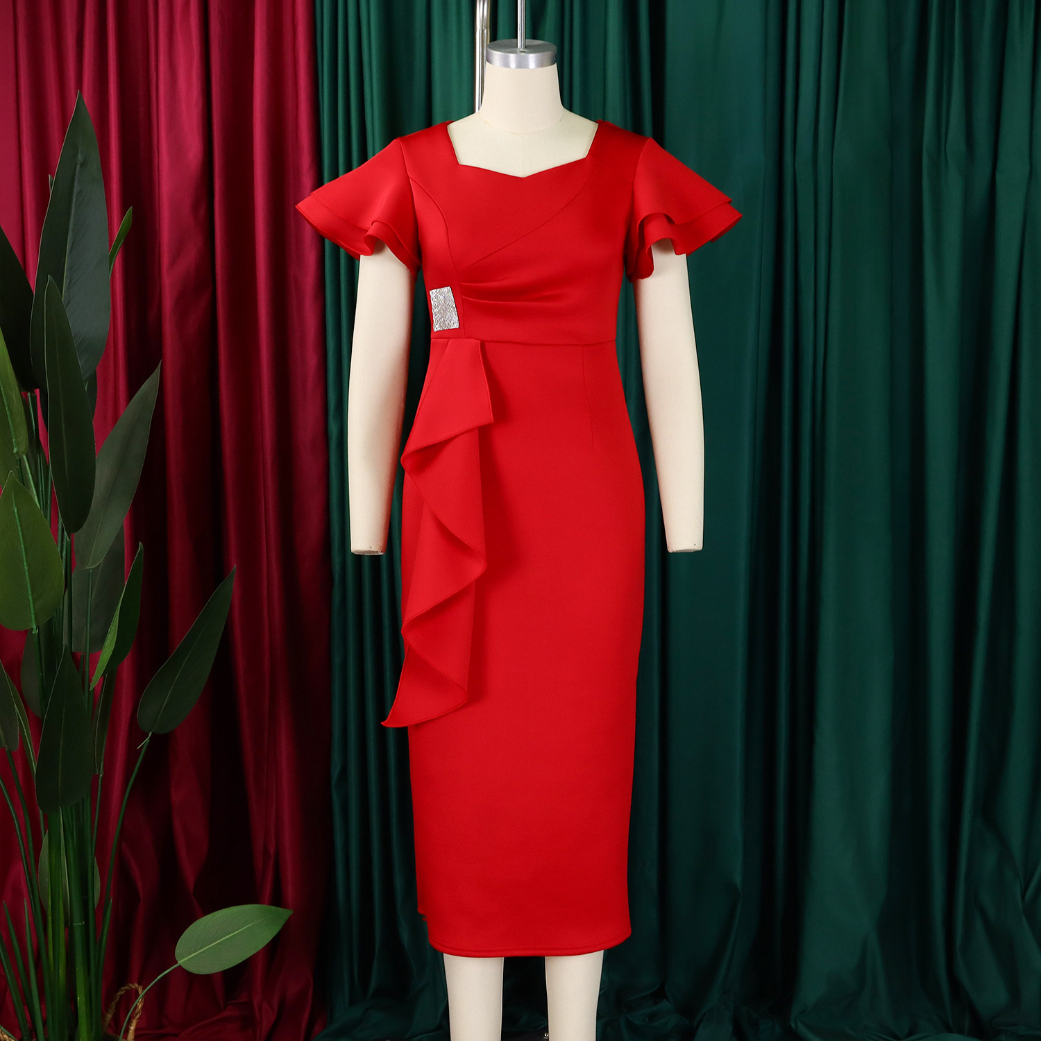 CM.YAYA Women Short Ruffles Sleeve O-neck Ribbon Bodycon Midi Dress 2025 Street Africa OL Evening Sexy Party Dresses Vestido