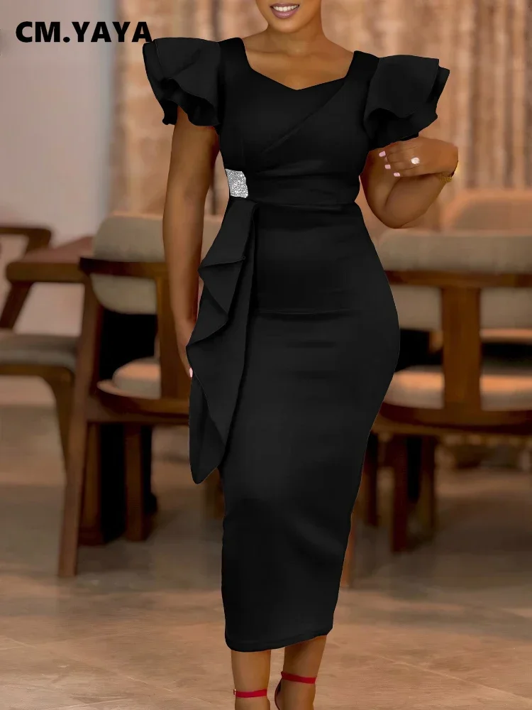 CM.YAYA Women Short Ruffles Sleeve O-neck Ribbon Bodycon Midi Dress 2025 Street Africa OL Evening Sexy Party Dresses Vestido CM.YAYA Women Short Ruffles Sleeve O-neck Ribbon Bodycon Midi Dress 2025 Street Africa OL Evening Sexy Party Dresses Vestido