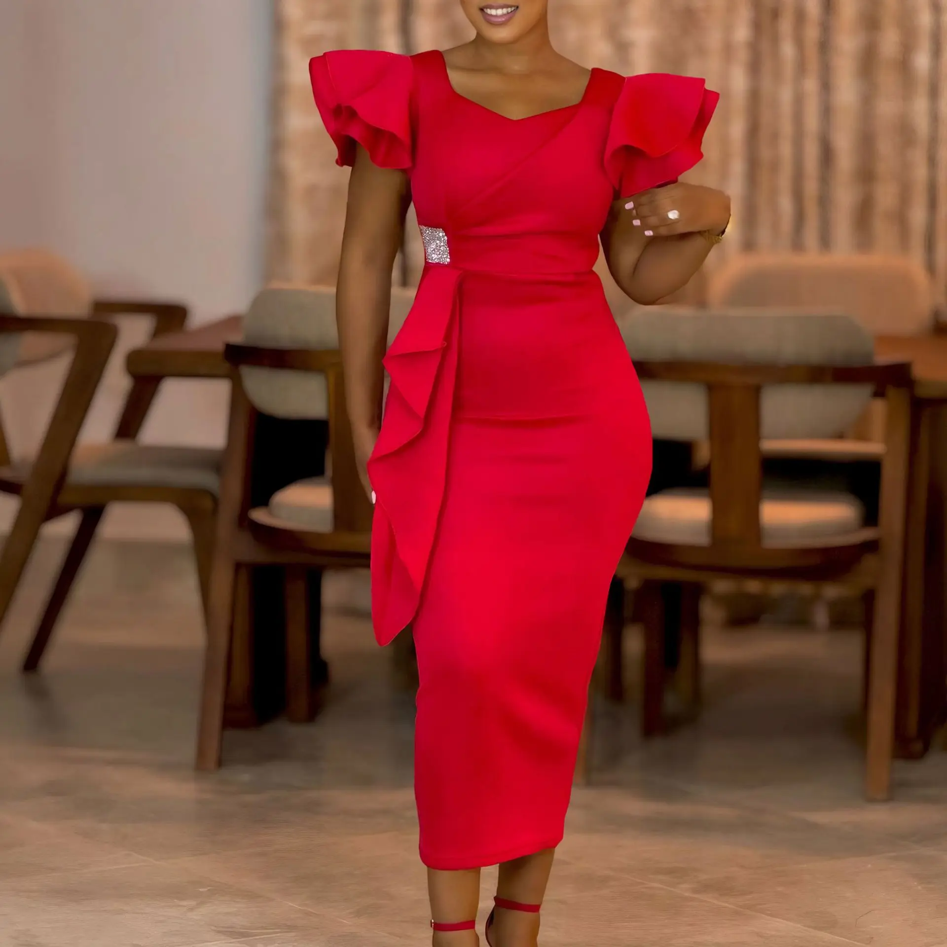 CM.YAYA Women Short Ruffles Sleeve O-neck Ribbon Bodycon Midi Dress 2025 Street Africa OL Evening Sexy Party Dresses Vestido