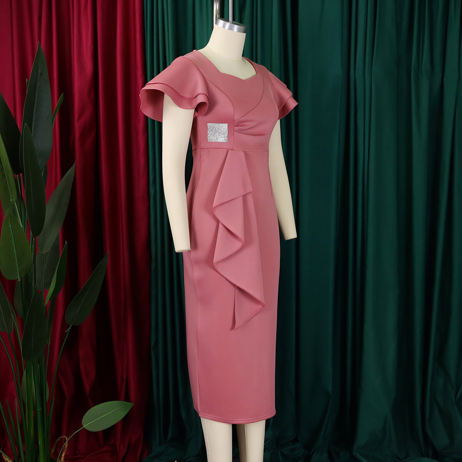 CM.YAYA Women Short Ruffles Sleeve O-neck Ribbon Bodycon Midi Dress 2025 Street Africa OL Evening Sexy Party Dresses Vestido