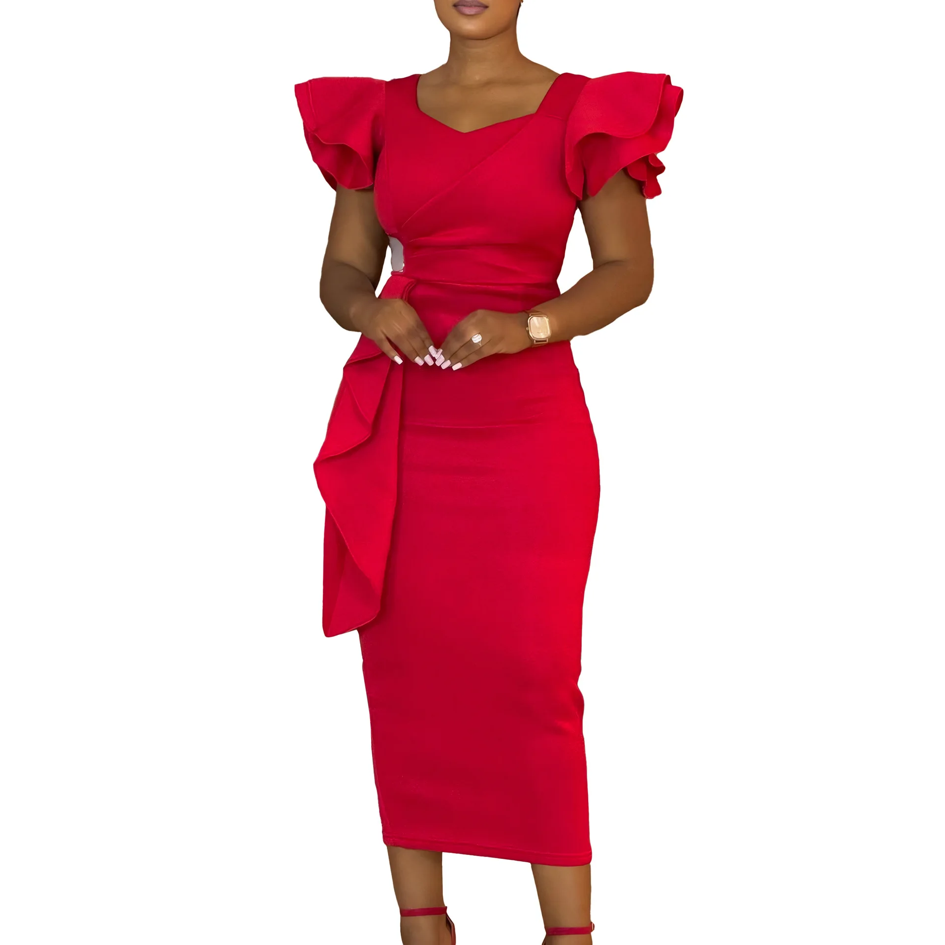 CM.YAYA Women Short Ruffles Sleeve O-neck Ribbon Bodycon Midi Dress 2025 Street Africa OL Evening Sexy Party Dresses Vestido