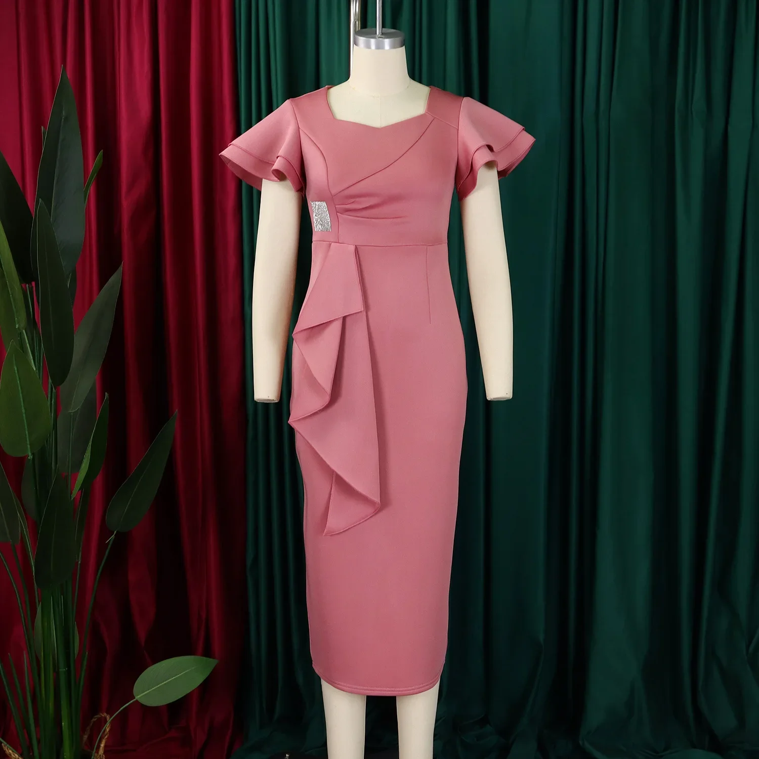 CM.YAYA Women Short Ruffles Sleeve O-neck Ribbon Bodycon Midi Dress 2025 Street Africa OL Evening Sexy Party Dresses Vestido CM.YAYA Women Short Ruffles Sleeve O-neck Ribbon Bodycon Midi Dress 2025 Street Africa OL Evening Sexy Party Dresses Vestido