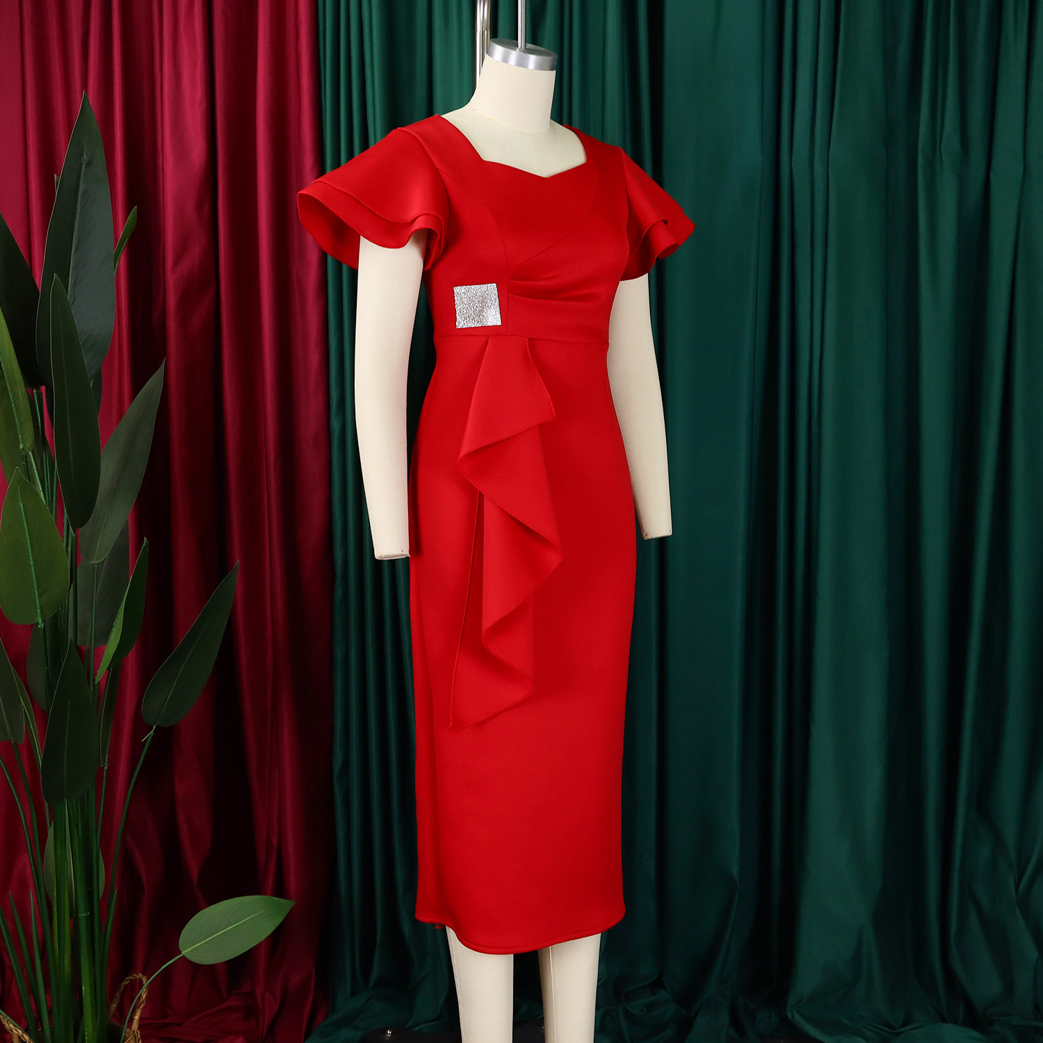 CM.YAYA Women Short Ruffles Sleeve O-neck Ribbon Bodycon Midi Dress 2025 Street Africa OL Evening Sexy Party Dresses Vestido