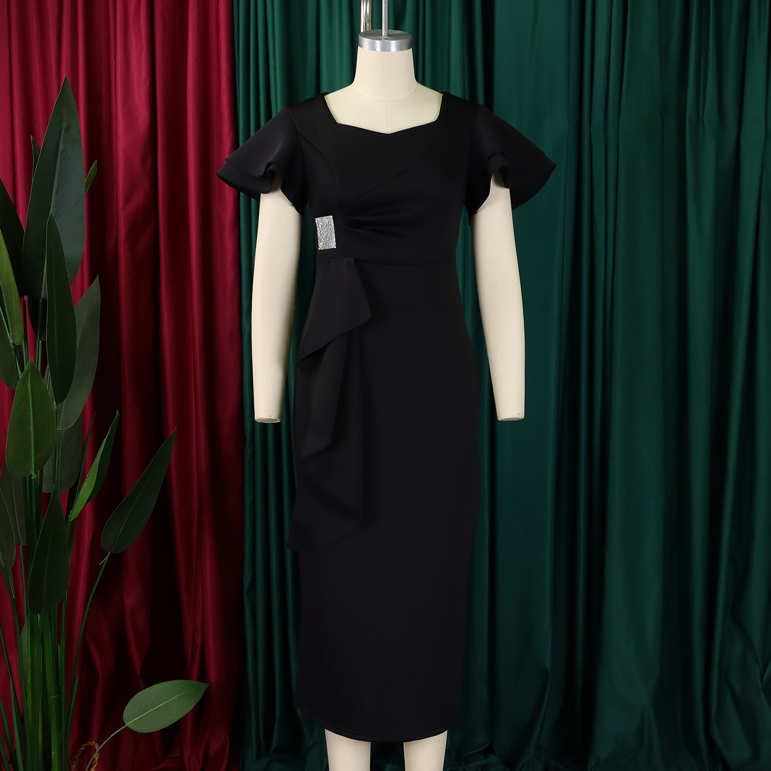 CM.YAYA Women Short Ruffles Sleeve O-neck Ribbon Bodycon Midi Dress 2025 Street Africa OL Evening Sexy Party Dresses Vestido