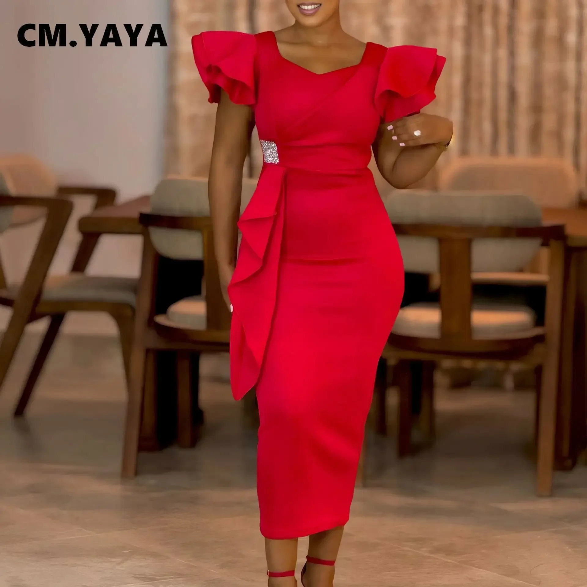 CM.YAYA Women Short Ruffles Sleeve O-neck Ribbon Bodycon Midi Dress 2025 Street Africa OL Evening Sexy Party Dresses Vestido CM.YAYA Women Short Ruffles Sleeve O-neck Ribbon Bodycon Midi Dress 2025 Street Africa OL Evening Sexy Party Dresses Vestido