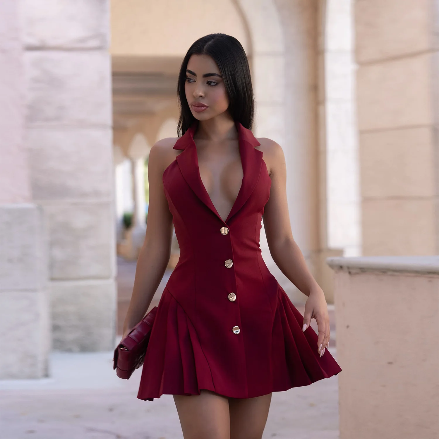 GLCMYAYA Women Flare Sleeveless V-neck Backless Pleated Mini Dress 2026 Fall Sexy Elegant Vacation Party Birthday Dresses