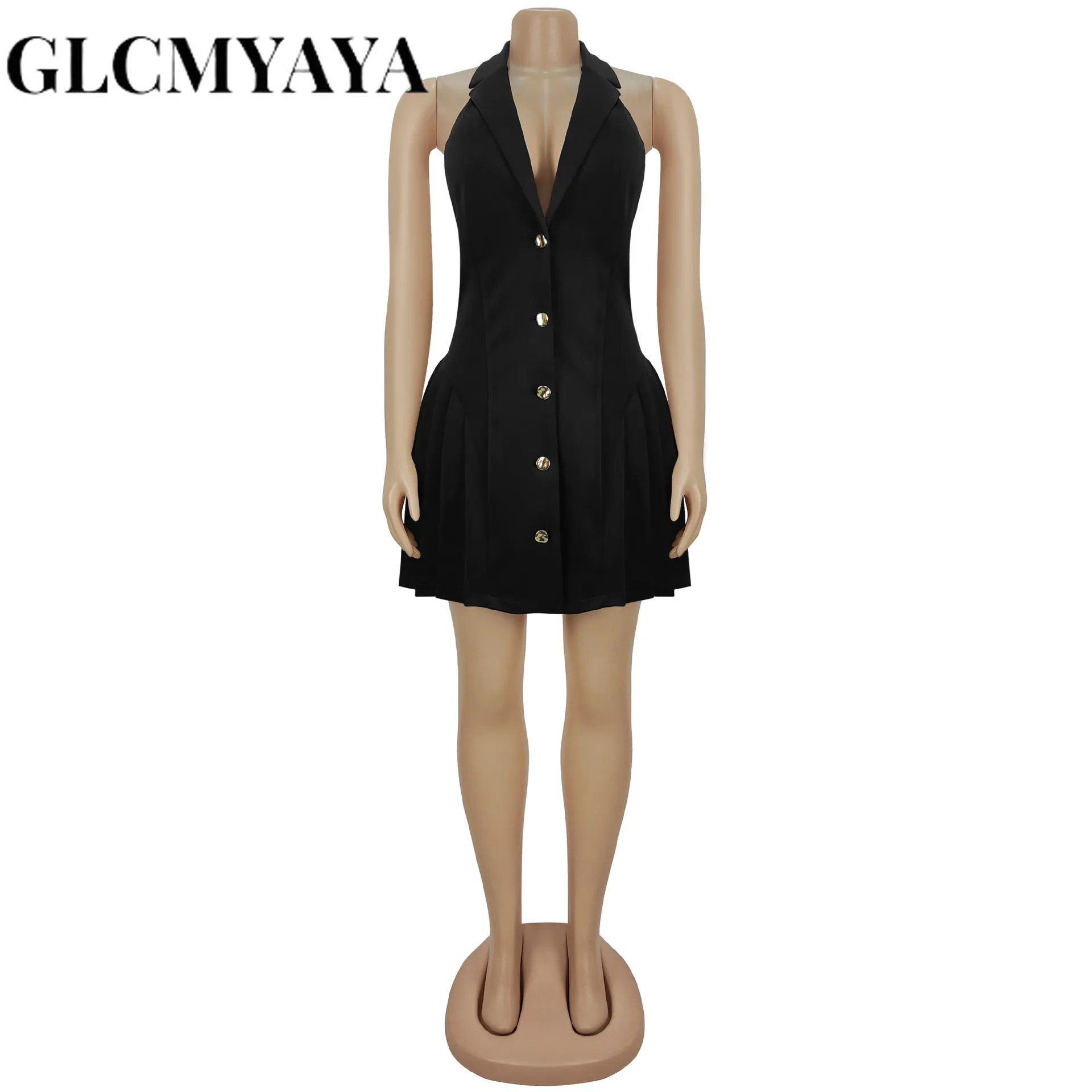 GLCMYAYA Women Flare Sleeveless V-neck Backless Pleated Mini Dress 2026 Fall Sexy Elegant Vacation Party Birthday Dresses