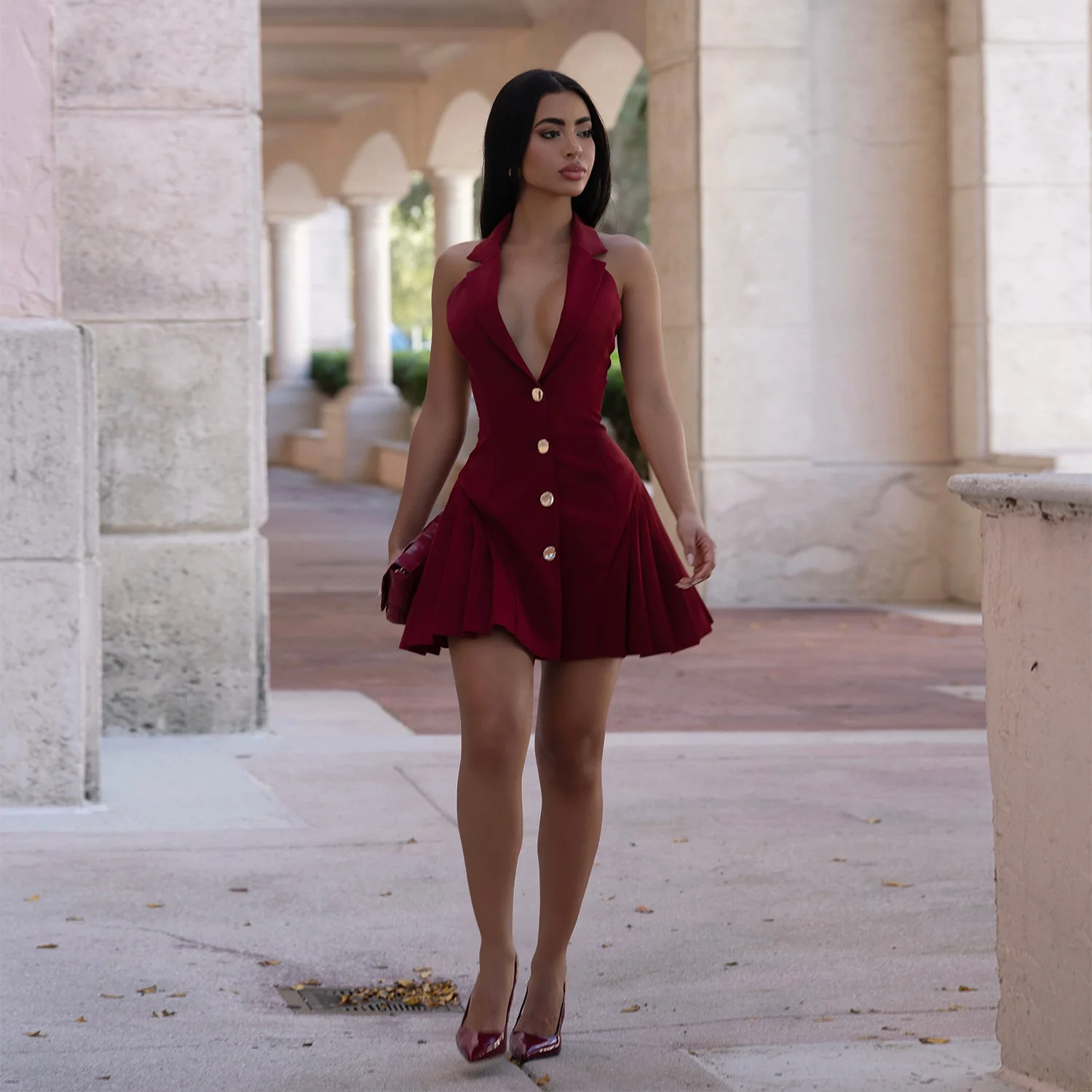 GLCMYAYA Women Flare Sleeveless V-neck Backless Pleated Mini Dress 2026 Fall Sexy Elegant Vacation Party Birthday Dresses