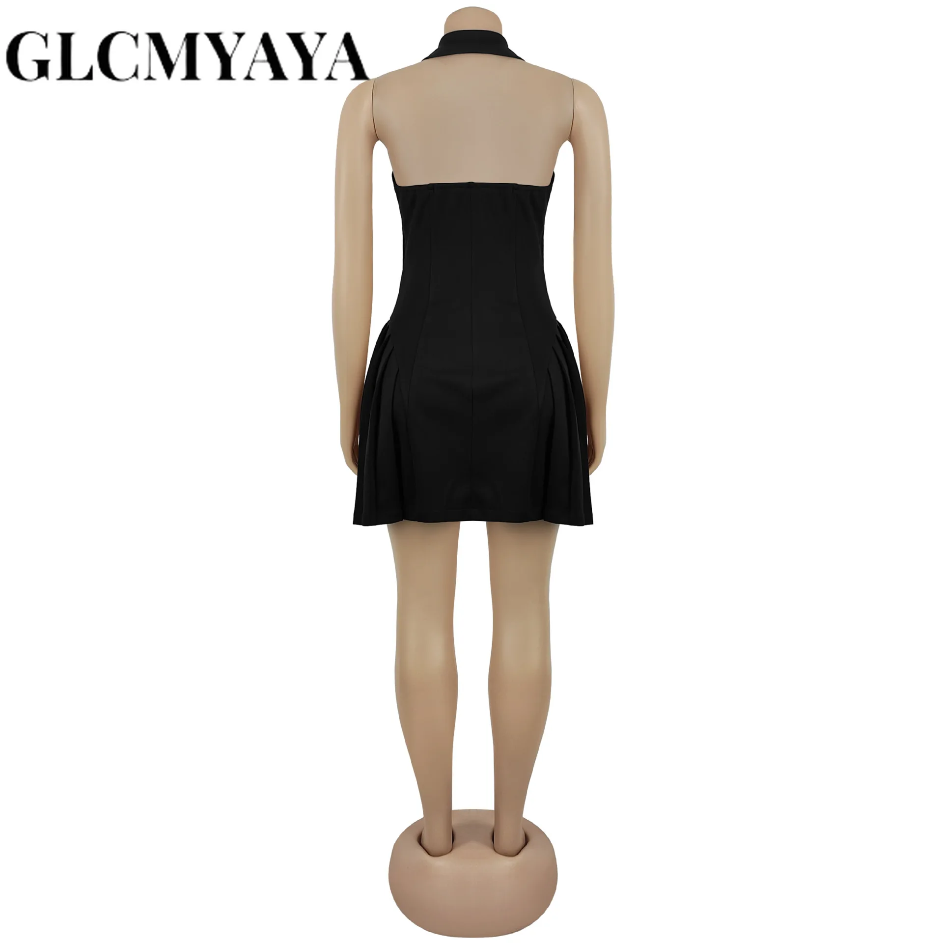 GLCMYAYA Women Flare Sleeveless V-neck Backless Pleated Mini Dress 2026 Fall Sexy Elegant Vacation Party Birthday Dresses