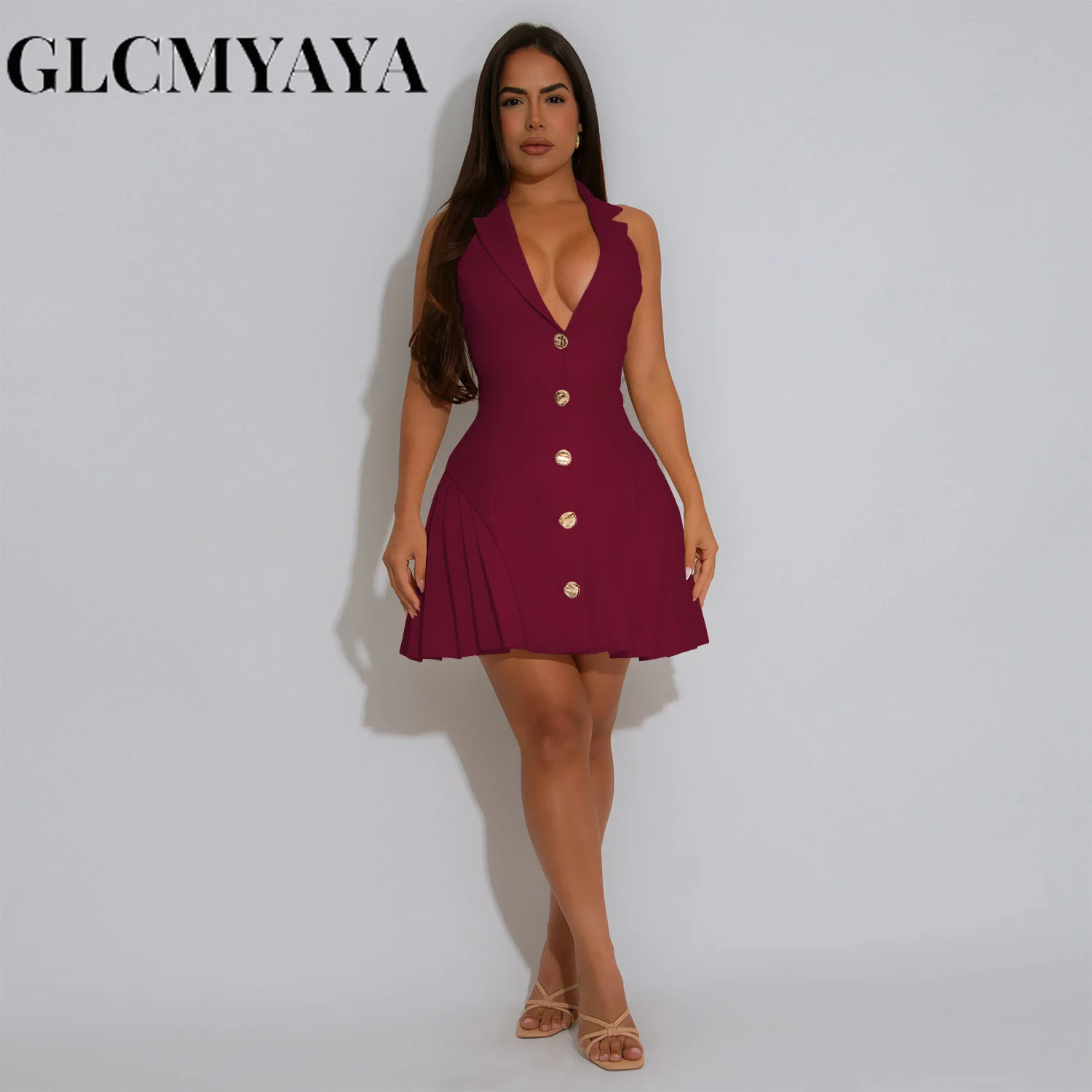 GLCMYAYA Women Flare Sleeveless V-neck Backless Pleated Mini Dress 2026 Fall Sexy Elegant Vacation Party Birthday Dresses