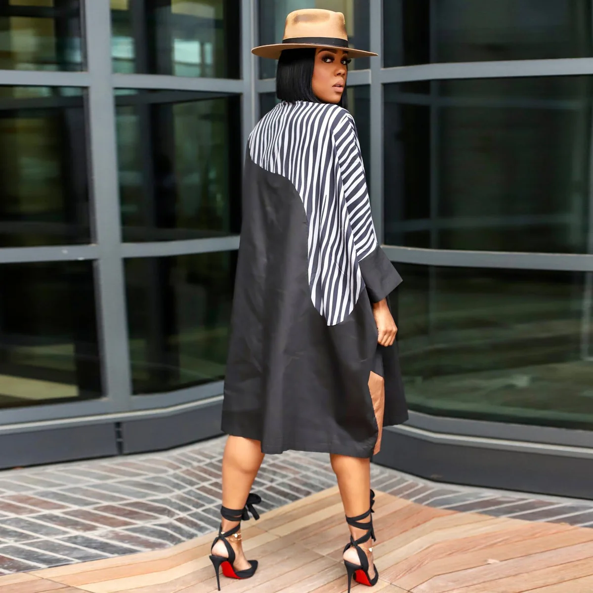 CM.YAYA Elegant Patchwork Women Long Sleeve Single Breasted Loose Shirt Dress Street Fashion Slim Striped Smock INS Dresses