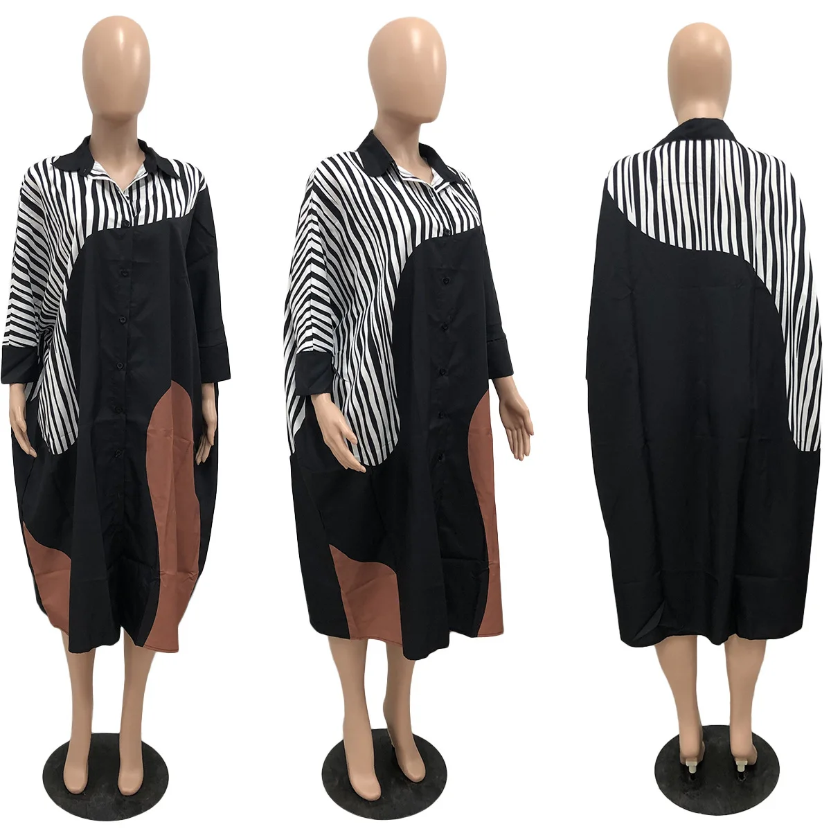 CM.YAYA Elegant Patchwork Women Long Sleeve Single Breasted Loose Shirt Dress Street Fashion Slim Striped Smock INS Dresses