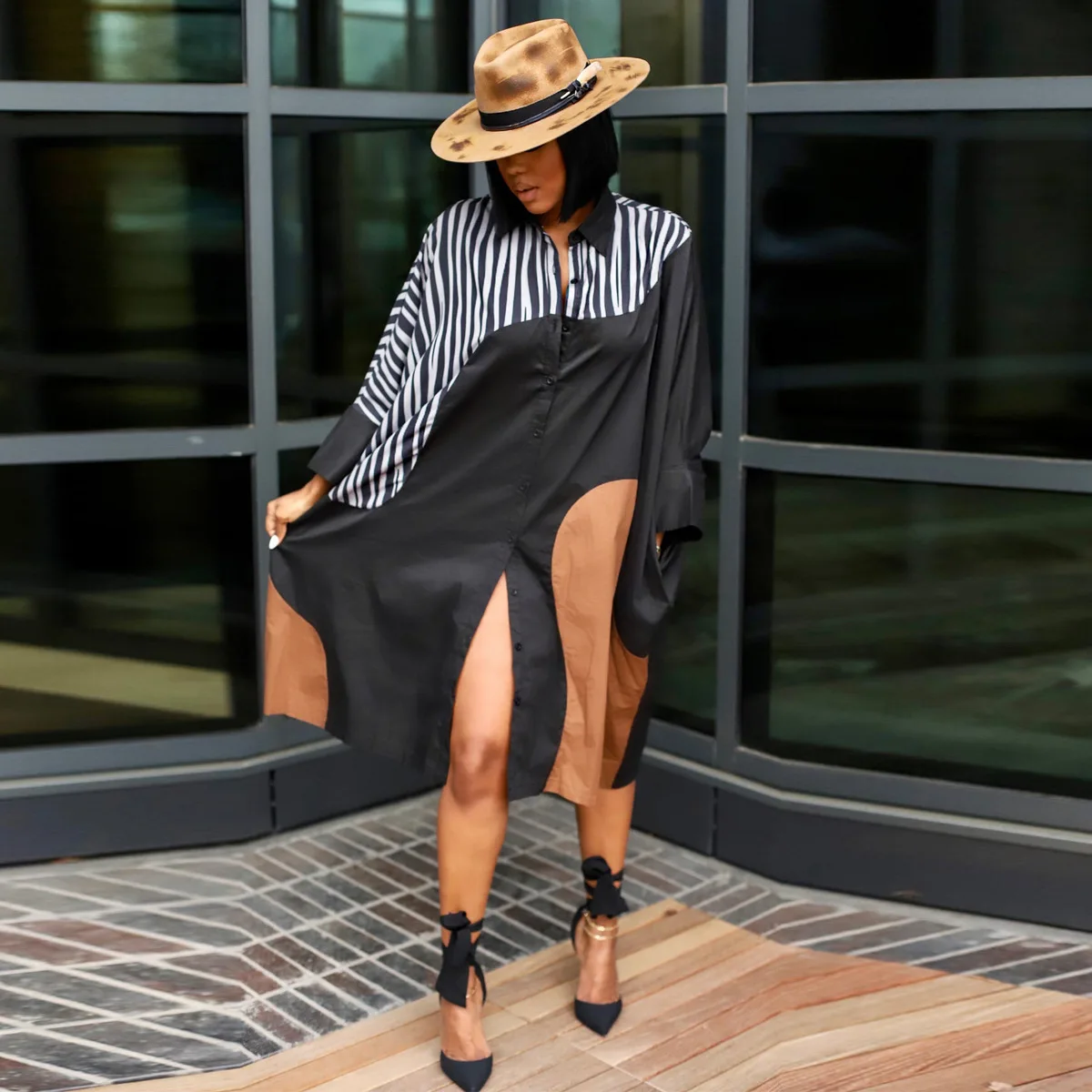 CM.YAYA Elegant Patchwork Women Long Sleeve Single Breasted Loose Shirt Dress Street Fashion Slim Striped Smock INS Dresses