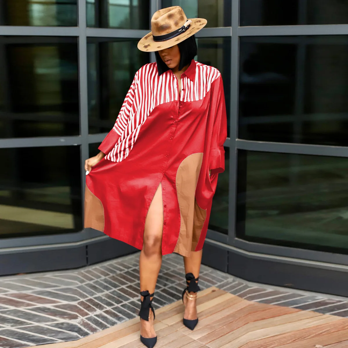 CM.YAYA Elegant Patchwork Women Long Sleeve Single Breasted Loose Shirt Dress Street Fashion Slim Striped Smock INS Dresses