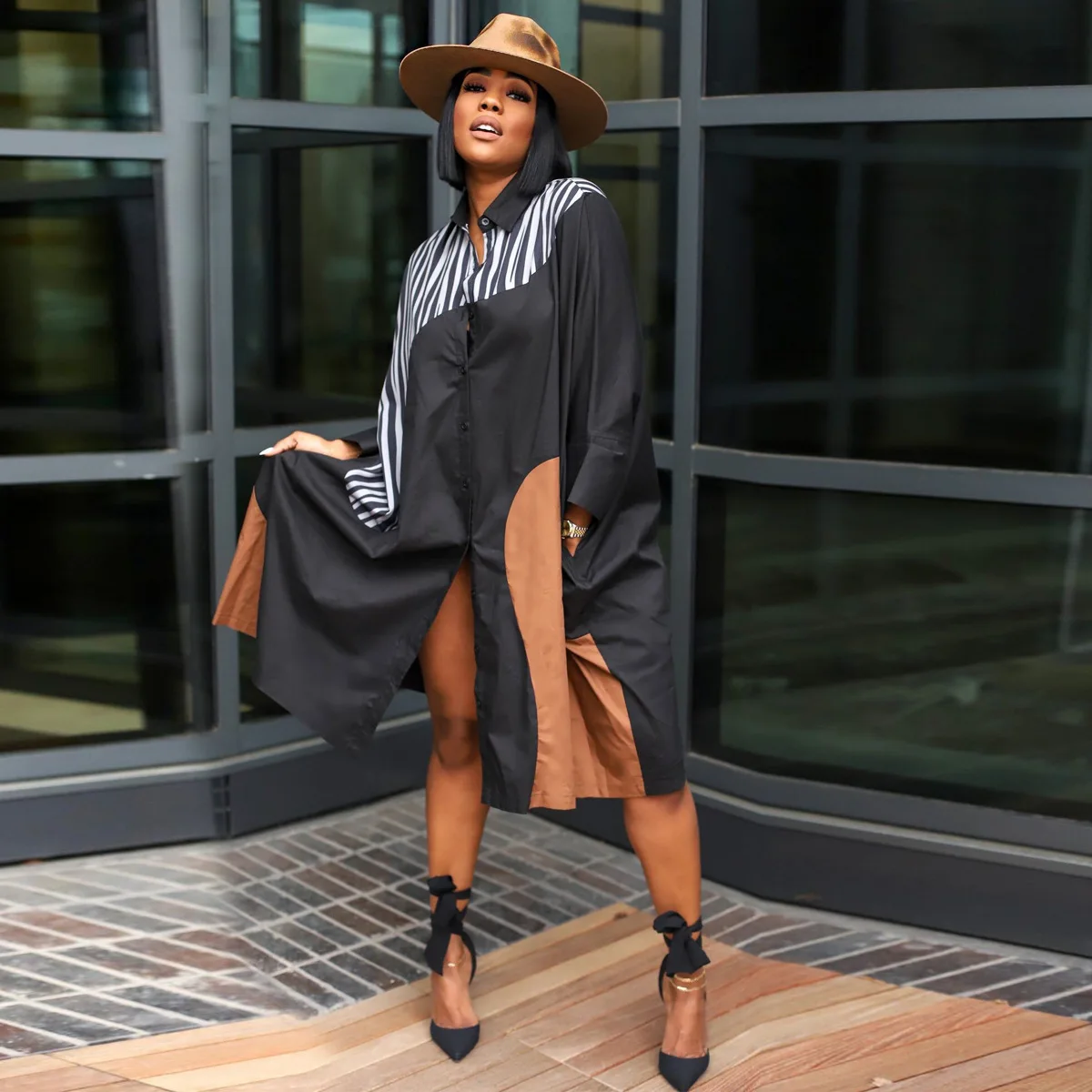 CM.YAYA Elegant Patchwork Women Long Sleeve Single Breasted Loose Shirt Dress Street Fashion Slim Striped Smock INS Dresses