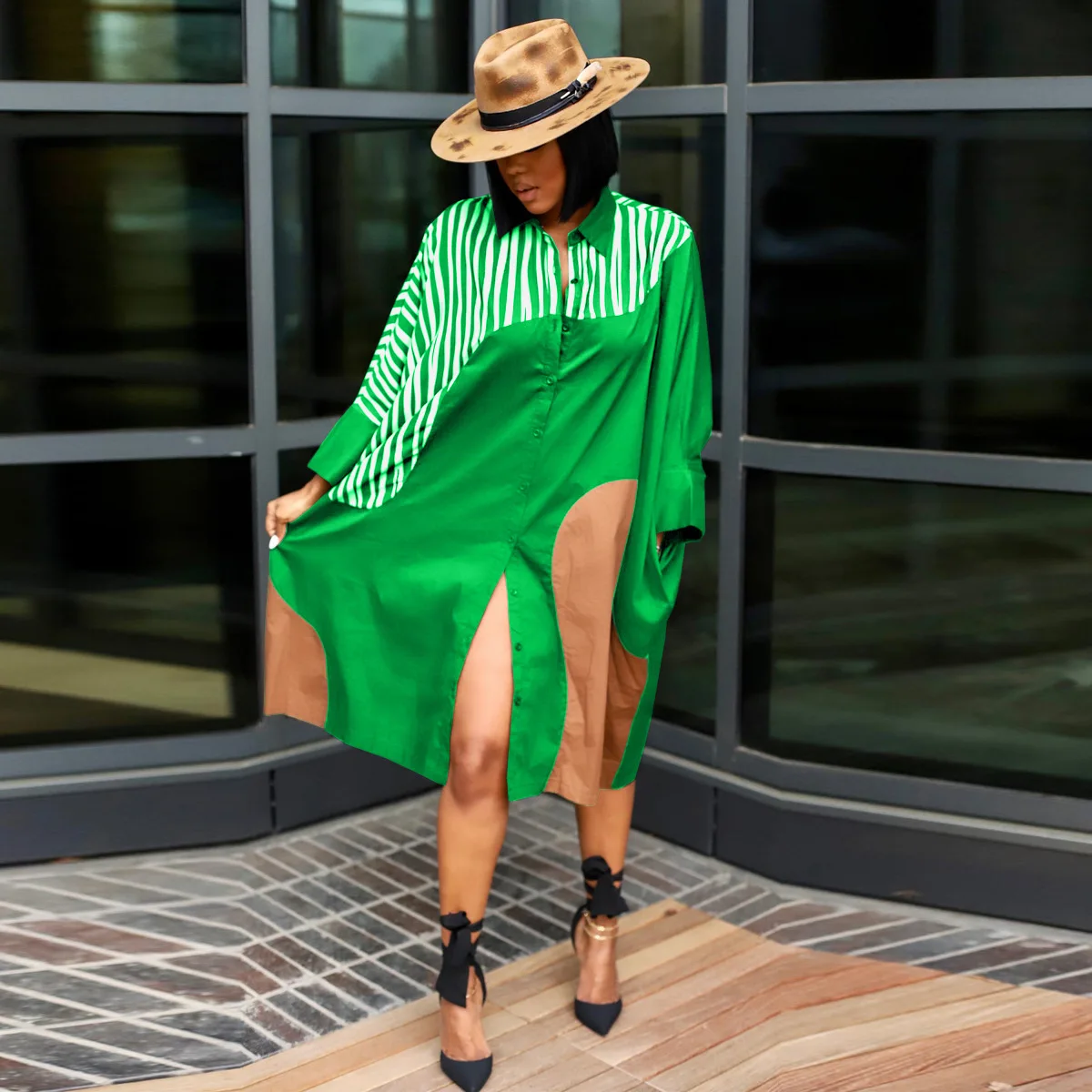 CM.YAYA Elegant Patchwork Women Long Sleeve Single Breasted Loose Shirt Dress Street Fashion Slim Striped Smock INS Dresses