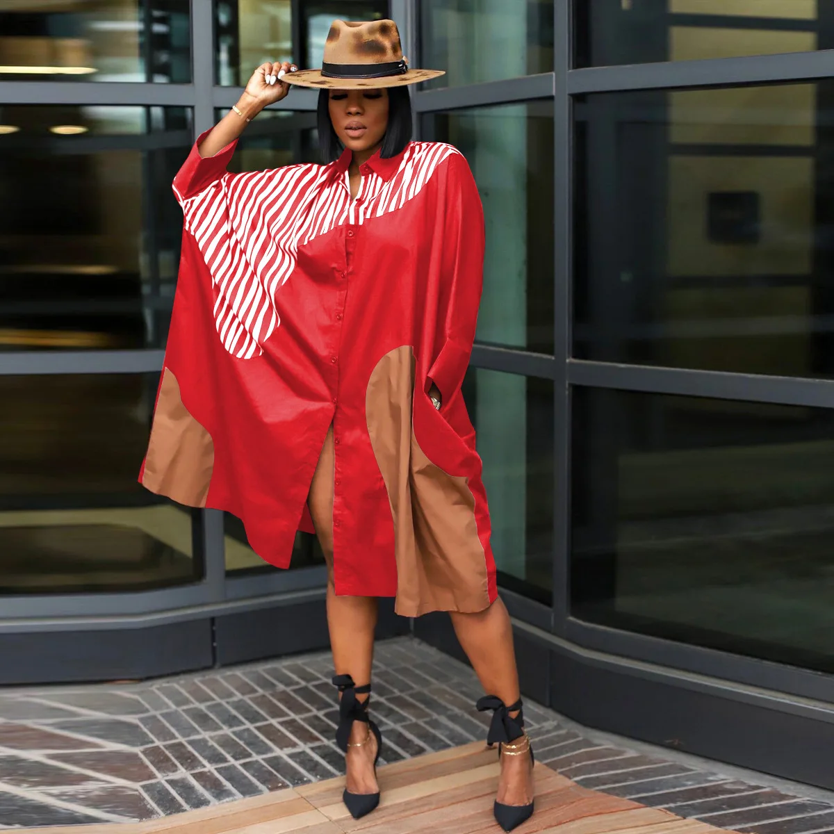 CM.YAYA Elegant Patchwork Women Long Sleeve Single Breasted Loose Shirt Dress Street Fashion Slim Striped Smock INS Dresses