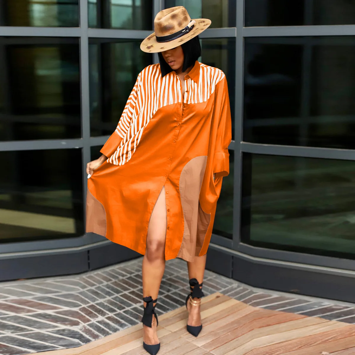 CM.YAYA Elegant Patchwork Women Long Sleeve Single Breasted Loose Shirt Dress Street Fashion Slim Striped Smock INS Dresses