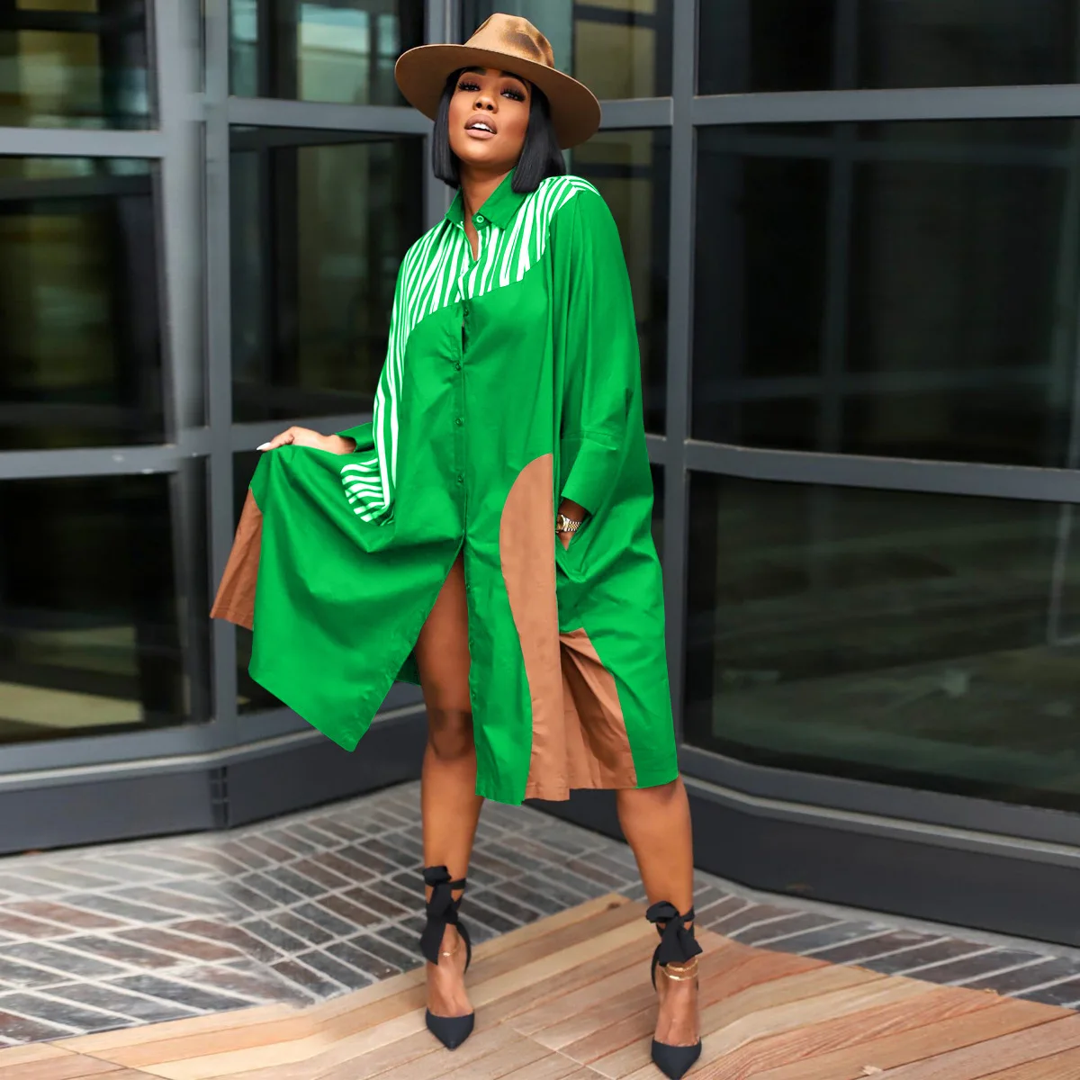 CM.YAYA Elegant Patchwork Women Long Sleeve Single Breasted Loose Shirt Dress Street Fashion Slim Striped Smock INS Dresses