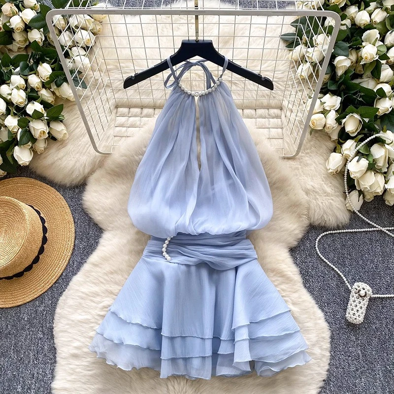 CM.YAYA Women Ruffles Halter Neck Cascading Ruffles Mini Dress 2026 Beach Vacation Education Party Vacation Dresses Vestidoss