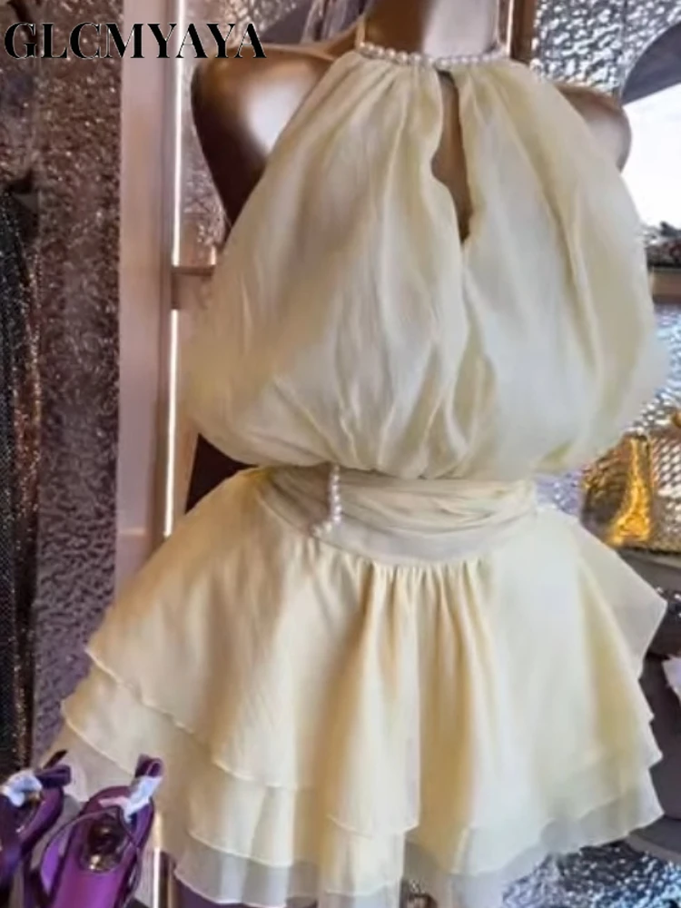 CM.YAYA Women Ruffles Halter Neck Cascading Ruffles Mini Dress 2026 Beach Vacation Education Party Vacation Dresses Vestidoss