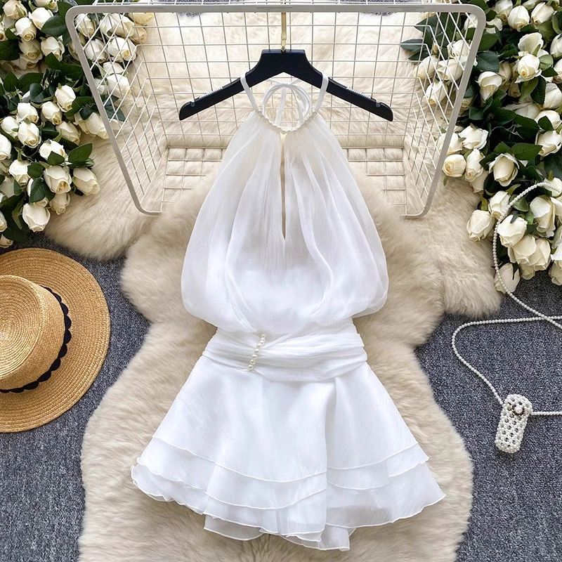 CM.YAYA Women Ruffles Halter Neck Cascading Ruffles Mini Dress 2026 Beach Vacation Education Party Vacation Dresses Vestidoss