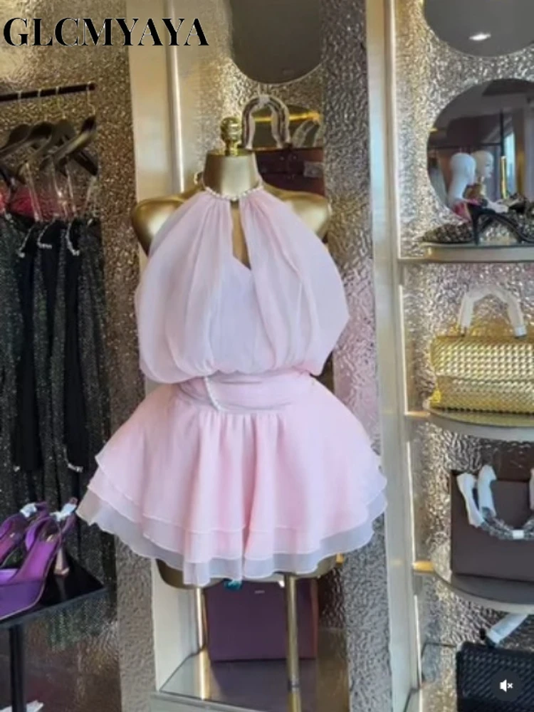 CM.YAYA Women Ruffles Halter Neck Cascading Ruffles Mini Dress 2026 Beach Vacation Education Party Vacation Dresses Vestidoss