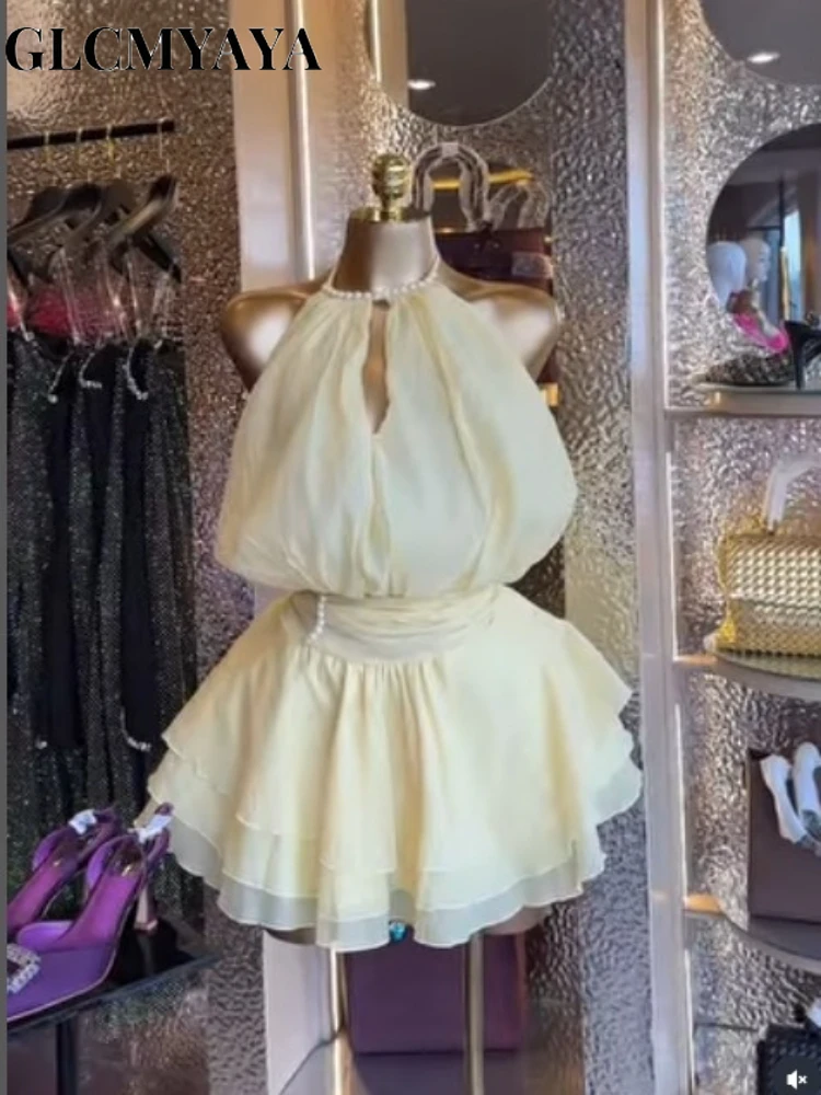 CM.YAYA Women Ruffles Halter Neck Cascading Ruffles Mini Dress 2026 Beach Vacation Education Party Vacation Dresses Vestidoss