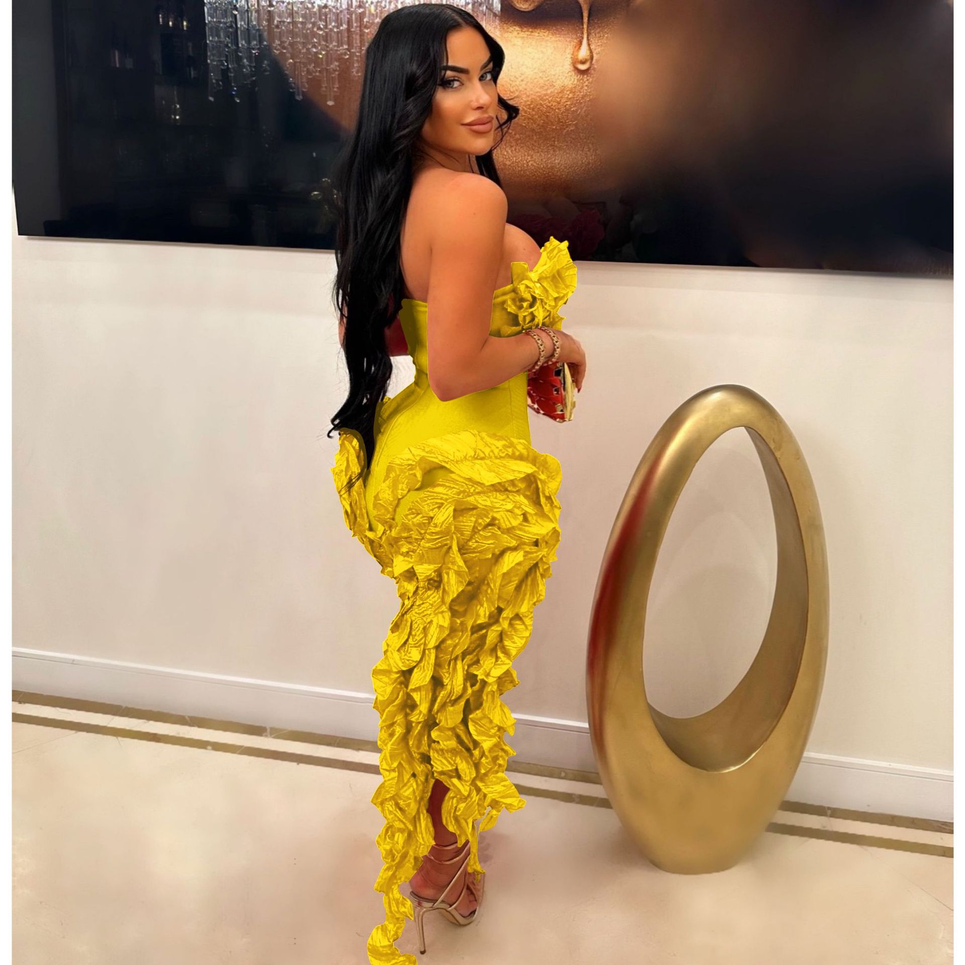 CM.YAYA Women Strapless Ruffles Tassel Splicing Irregular Birthday Bodycon Midi Maxi Dress 2023 Even Sexy Party Dresses Vestidos CM.YAYA Women Strapless Ruffles Tassel Splicing Irregular Birthday Bodycon Midi Maxi Dress 2023 Even Sexy Party Dresses Vestidos