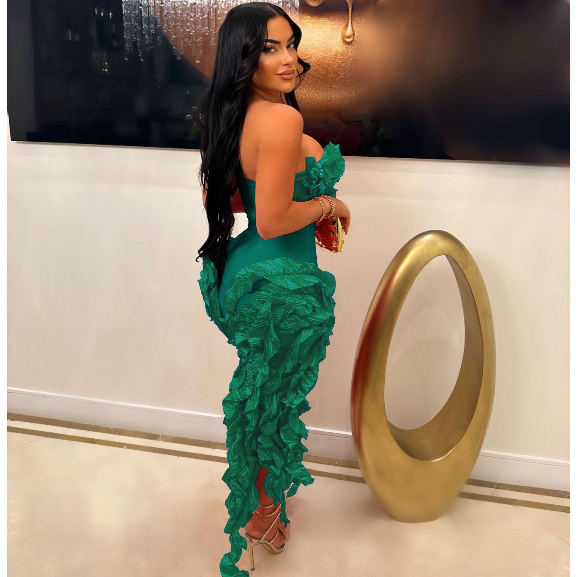 CM.YAYA Women Strapless Ruffles Tassel Splicing Irregular Birthday Bodycon Midi Maxi Dress 2023 Even Sexy Party Dresses Vestidos CM.YAYA Women Strapless Ruffles Tassel Splicing Irregular Birthday Bodycon Midi Maxi Dress 2023 Even Sexy Party Dresses Vestidos