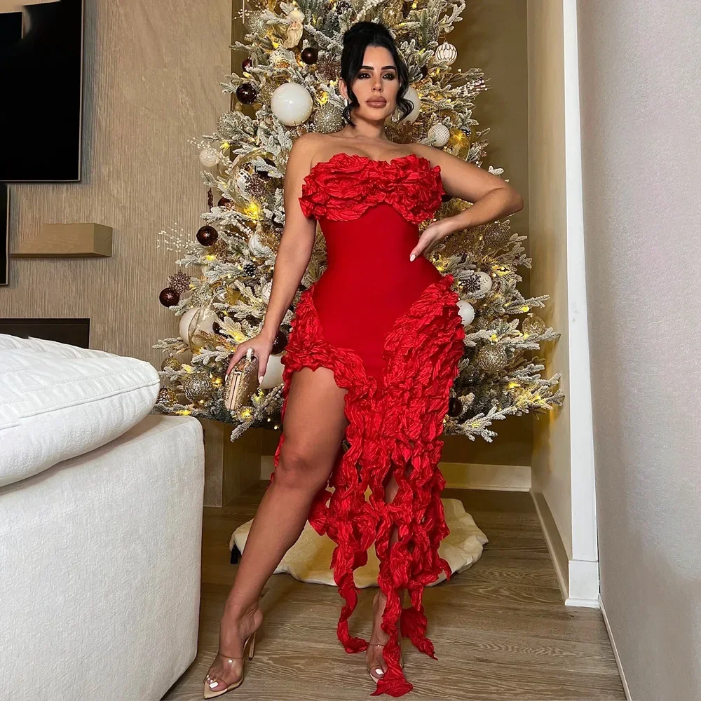 CM.YAYA Women Strapless Ruffles Tassel Splicing Irregular Birthday Bodycon Midi Maxi Dress 2023 Even Sexy Party Dresses Vestidos