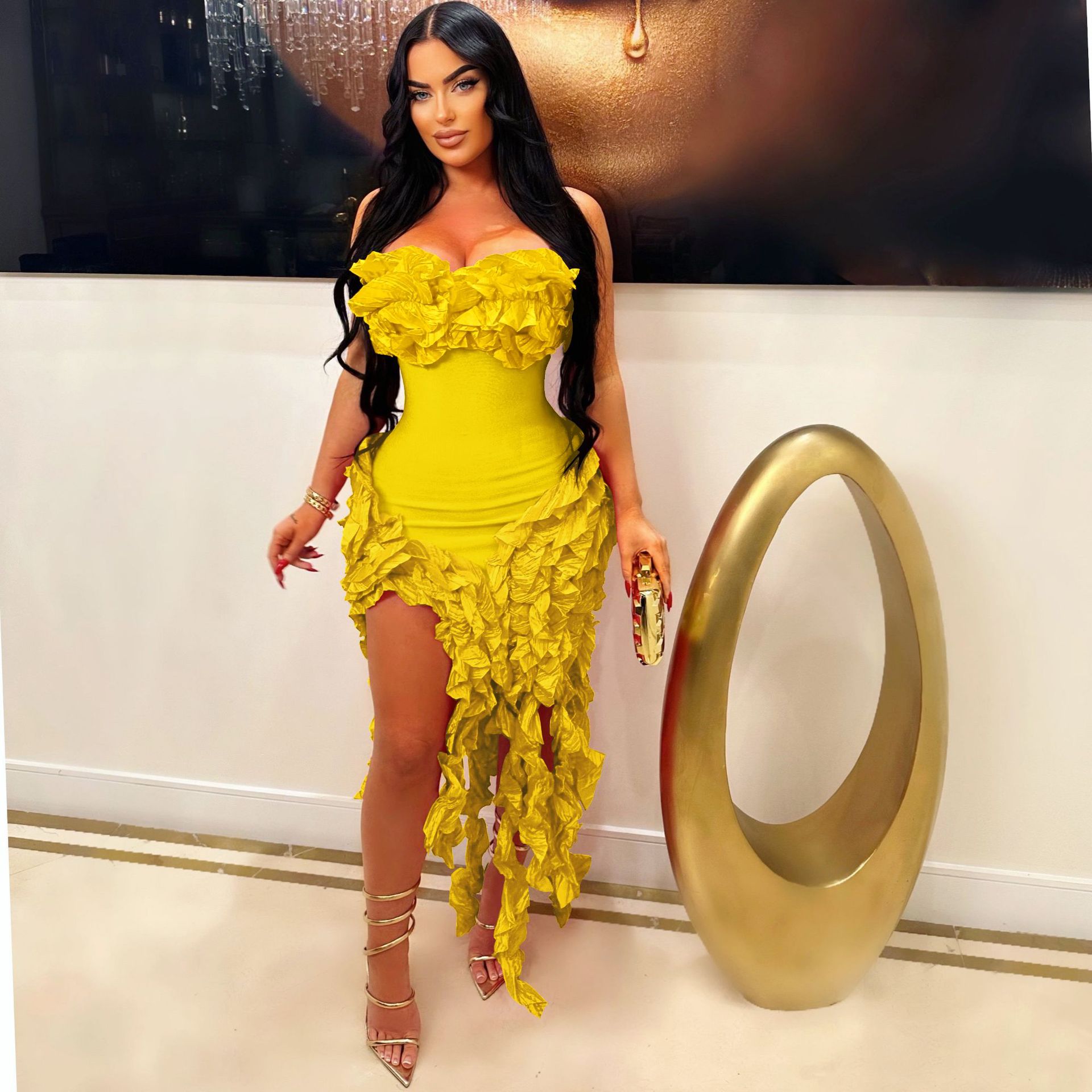 CM.YAYA Women Strapless Ruffles Tassel Splicing Irregular Birthday Bodycon Midi Maxi Dress 2023 Even Sexy Party Dresses Vestidos CM.YAYA Women Strapless Ruffles Tassel Splicing Irregular Birthday Bodycon Midi Maxi Dress 2023 Even Sexy Party Dresses Vestidos