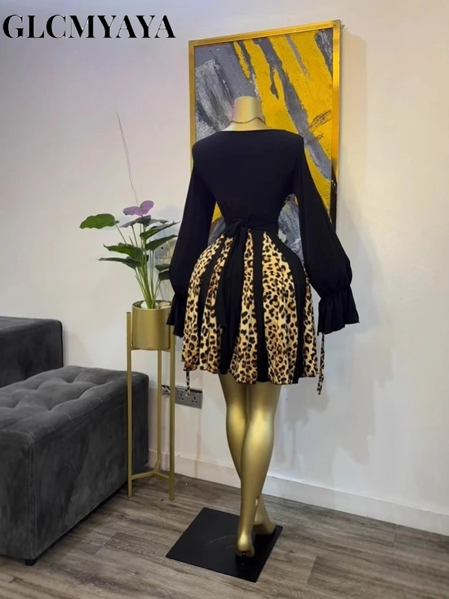 CM.YAYA Women Leopard Printed Patchwork Strapless Long Sleeve A-line Mini Midi Dress Fall Holiday Party Birthday Street Dresses CM.YAYA Women Leopard Printed Patchwork Strapless Long Sleeve A-line Mini Midi Dress Fall Holiday Party Birthday Street Dresses