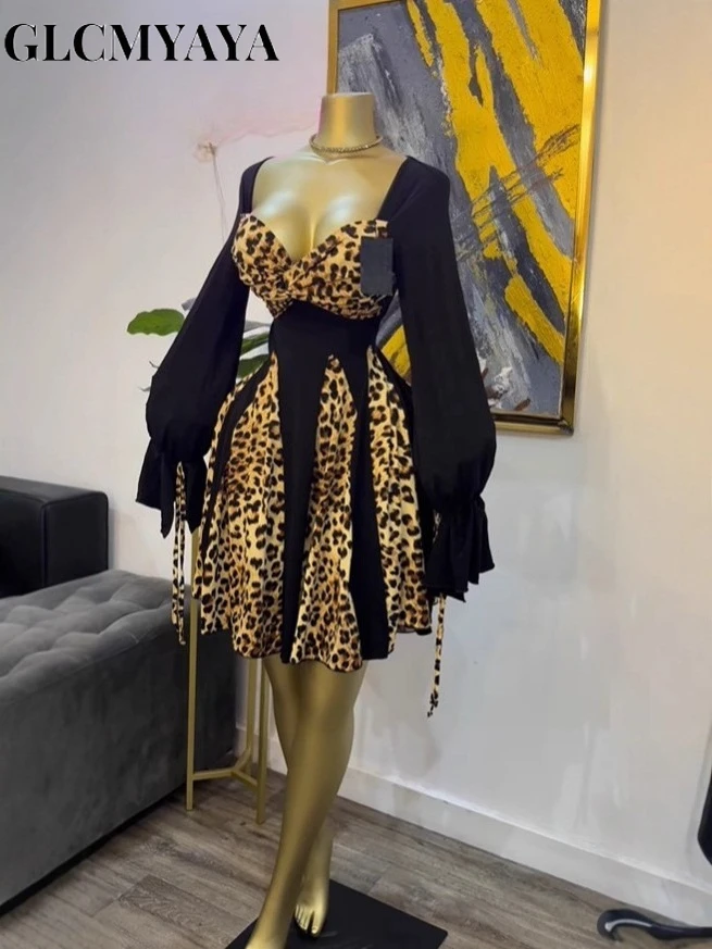 CM.YAYA Women Leopard Printed Patchwork Strapless Long Sleeve A-line Mini Midi Dress Fall Holiday Party Birthday Street Dresses CM.YAYA Women Leopard Printed Patchwork Strapless Long Sleeve A-line Mini Midi Dress Fall Holiday Party Birthday Street Dresses