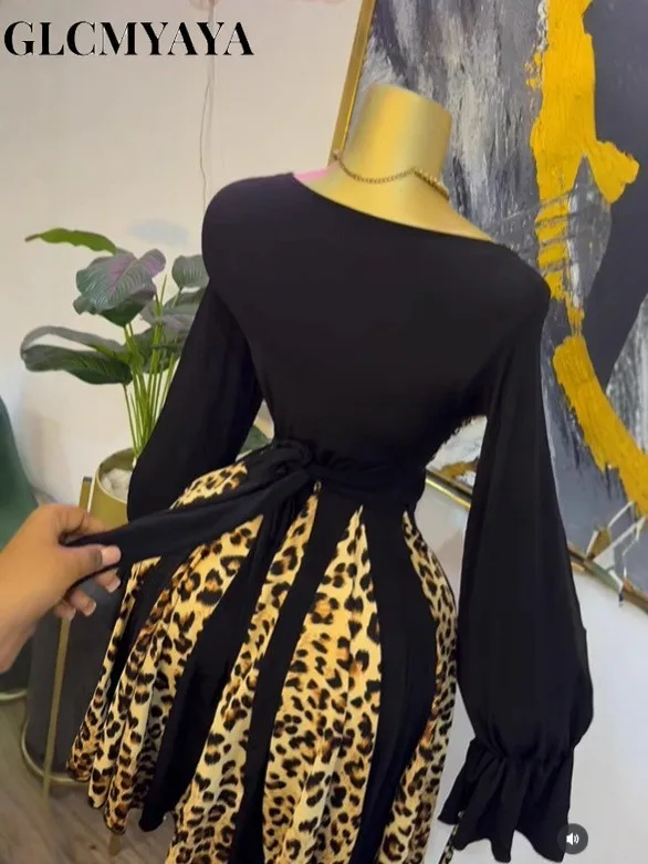 CM.YAYA Women Leopard Printed Patchwork Strapless Long Sleeve A-line Mini Midi Dress Fall Holiday Party Birthday Street Dresses CM.YAYA Women Leopard Printed Patchwork Strapless Long Sleeve A-line Mini Midi Dress Fall Holiday Party Birthday Street Dresses