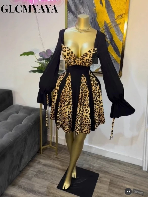 CM.YAYA Women Leopard Printed Patchwork Strapless Long Sleeve A-line Mini Midi Dress Fall Holiday Party Birthday Street Dresses CM.YAYA Women Leopard Printed Patchwork Strapless Long Sleeve A-line Mini Midi Dress Fall Holiday Party Birthday Street Dresses