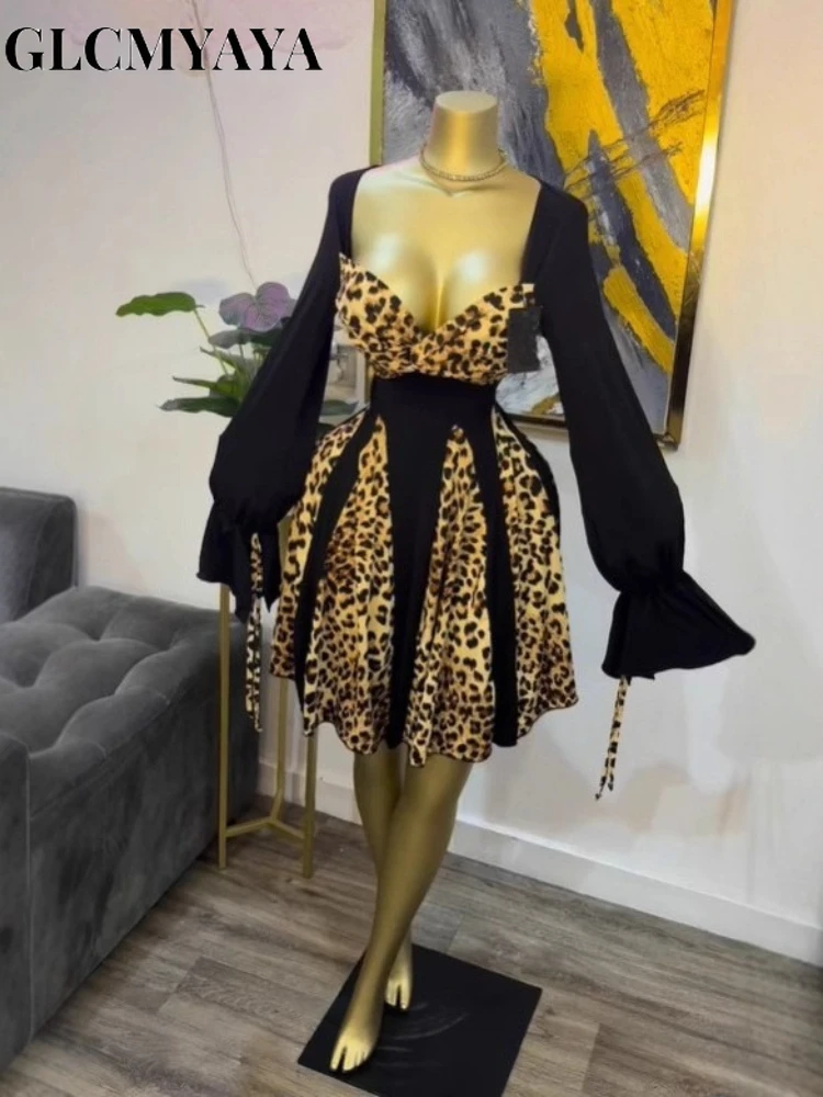 CM.YAYA Women Leopard Printed Patchwork Strapless Long Sleeve A-line Mini Midi Dress Fall Holiday Party Birthday Street Dresses CM.YAYA Women Leopard Printed Patchwork Strapless Long Sleeve A-line Mini Midi Dress Fall Holiday Party Birthday Street Dresses