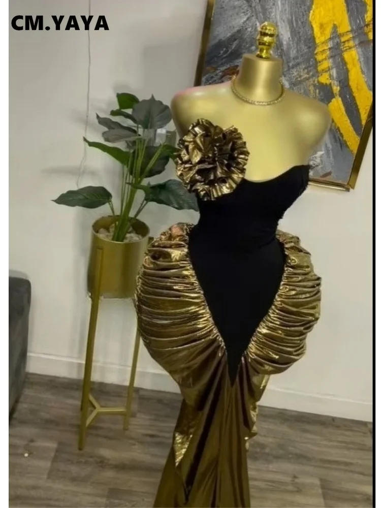 CM.YAYA Women Hot-stamping Patchwork Stacked Ruched Strapless Bodycon Maxi Long Dress 2025 Birthday Vacation Sexy Party Dresses