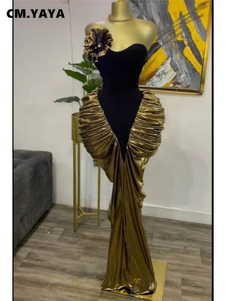 CM.YAYA Women Hot-stamping Patchwork Stacked Ruched Strapless Bodycon Maxi Long Dress 2025 Birthday Vacation Sexy Party Dresses