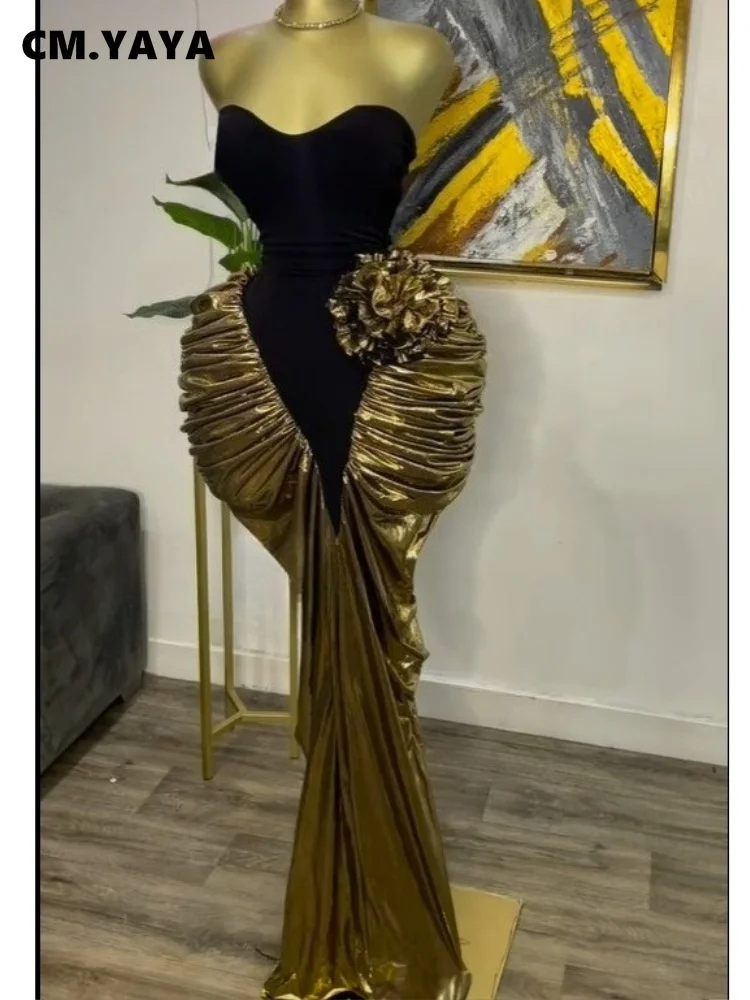 CM.YAYA Women Hot-stamping Patchwork Stacked Ruched Strapless Bodycon Maxi Long Dress 2025 Birthday Vacation Sexy Party Dresses