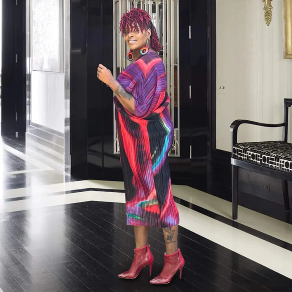 CM.YAYA Elegant Women Pleated Batwing Long Sleeve V-neck Slim Maxi Long Dress INS Fashion Autumn Winter Ruched Dresses Vestidos