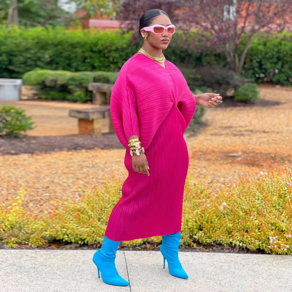 CM.YAYA Elegant Women Pleated Batwing Long Sleeve V-neck Slim Maxi Long Dress INS Fashion Autumn Winter Ruched Dresses Vestidos