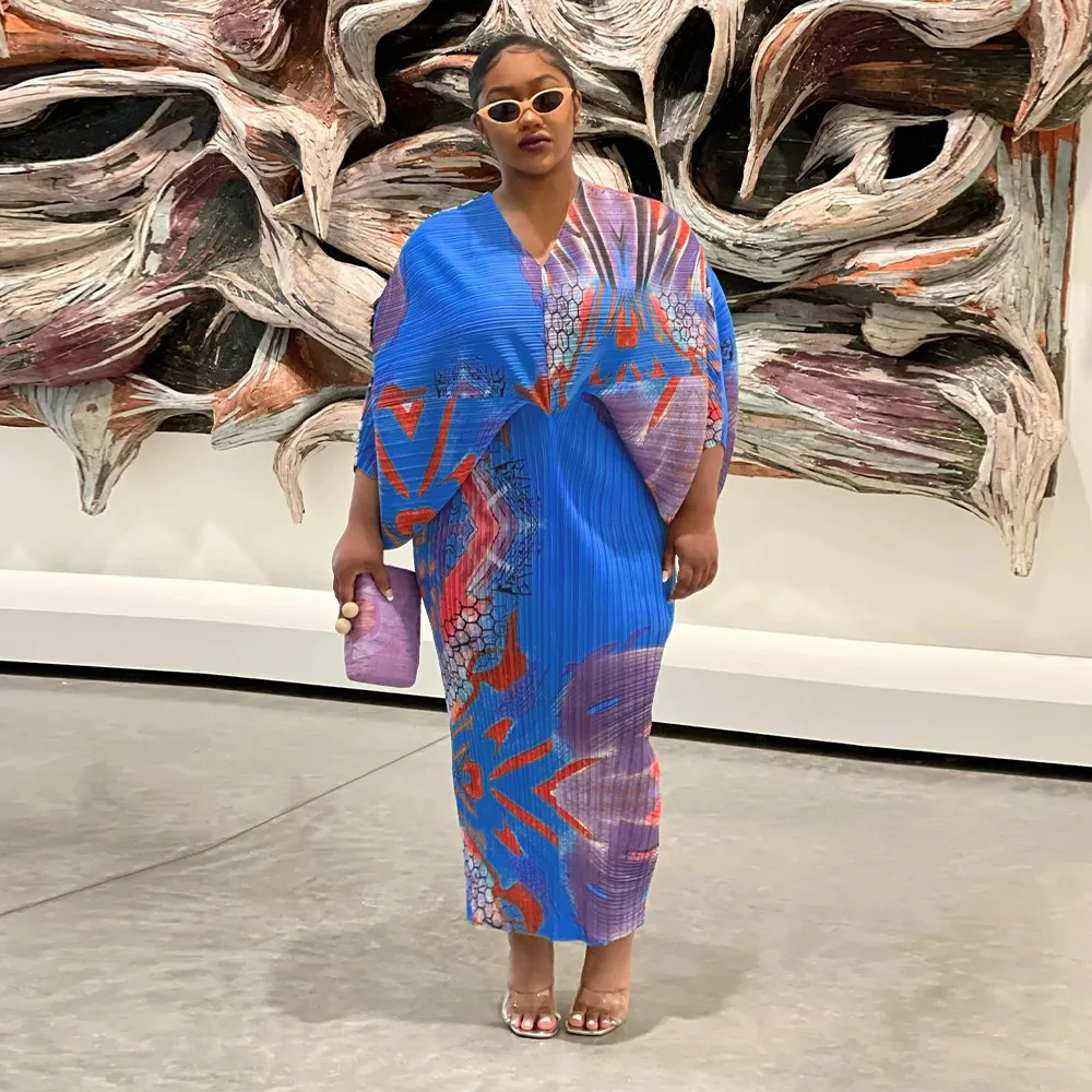 CM.YAYA Elegant Women Pleated Batwing Long Sleeve V-neck Slim Maxi Long Dress INS Fashion Autumn Winter Ruched Dresses Vestidos