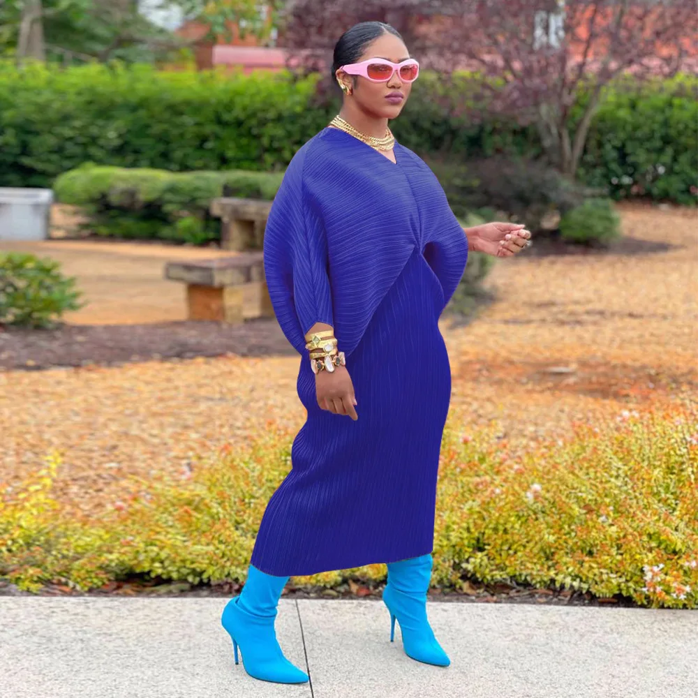 CM.YAYA Elegant Women Pleated Batwing Long Sleeve V-neck Slim Maxi Long Dress INS Fashion Autumn Winter Ruched Dresses Vestidos