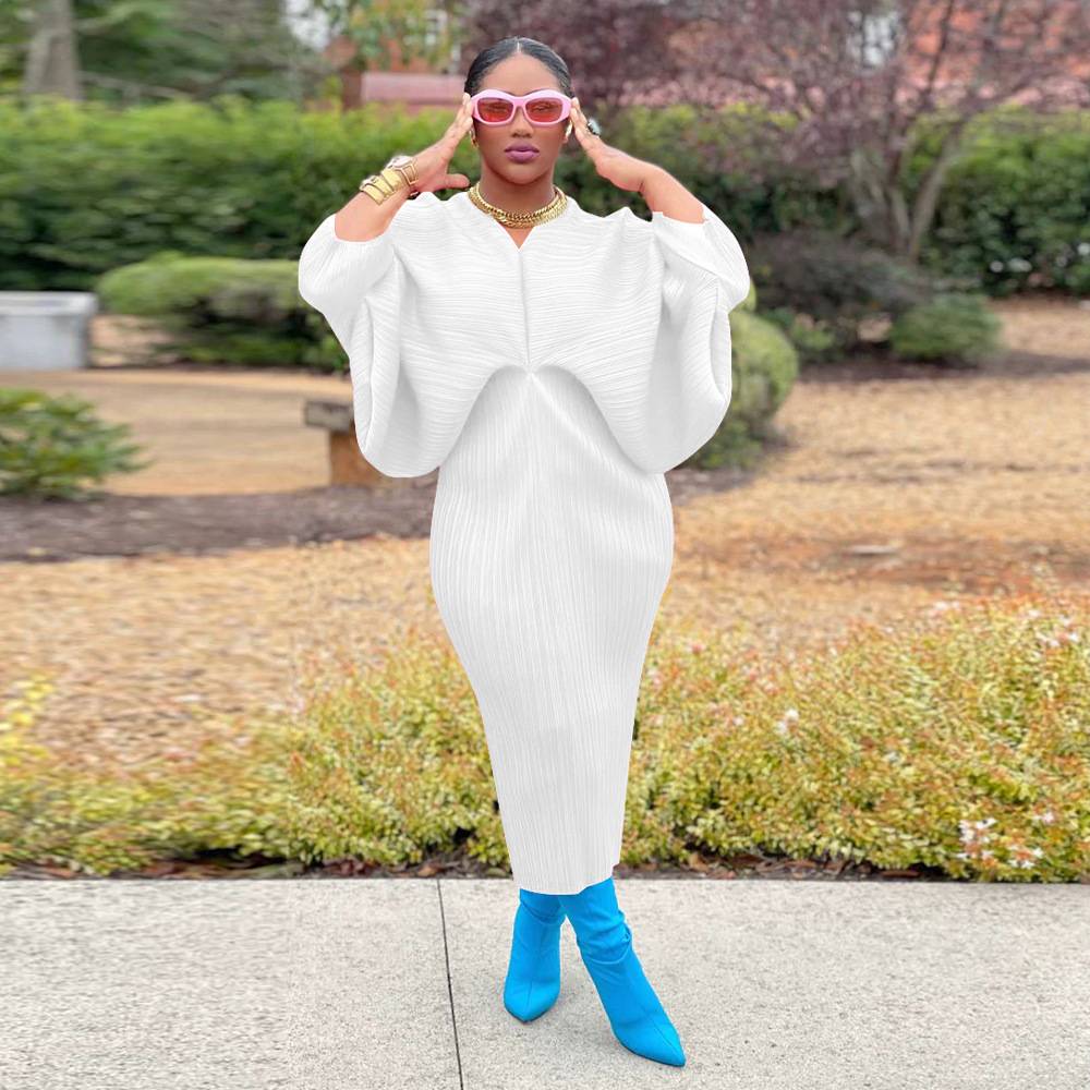 CM.YAYA Elegant Women Pleated Batwing Long Sleeve V-neck Slim Maxi Long Dress INS Fashion Autumn Winter Ruched Dresses Vestidos