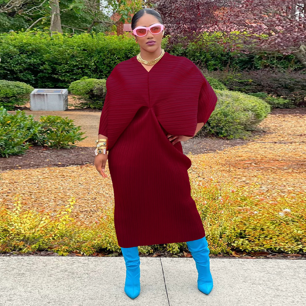 CM.YAYA Elegant Women Pleated Batwing Long Sleeve V-neck Slim Maxi Long Dress INS Fashion Autumn Winter Ruched Dresses Vestidos