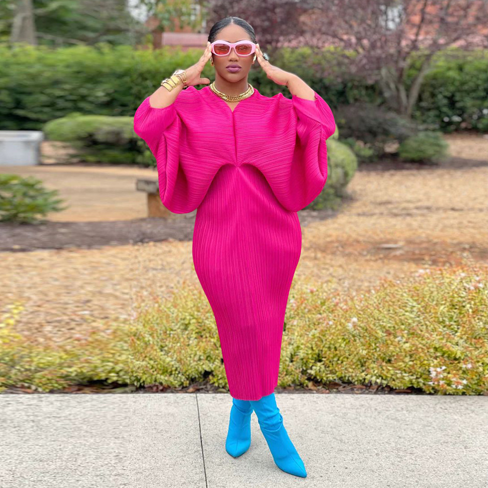 CM.YAYA Elegant Women Pleated Batwing Long Sleeve V-neck Slim Maxi Long Dress INS Fashion Autumn Winter Ruched Dresses Vestidos