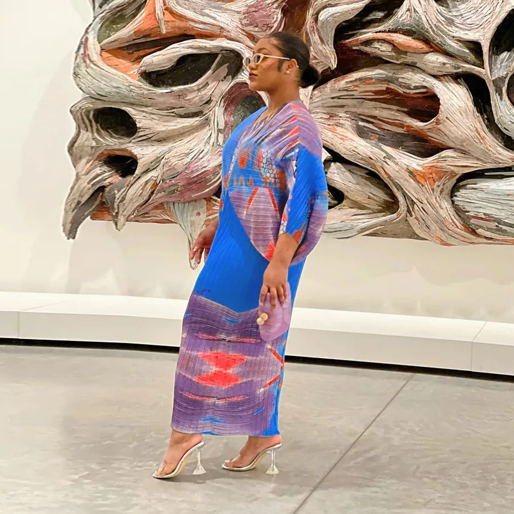 CM.YAYA Elegant Women Pleated Batwing Long Sleeve V-neck Slim Maxi Long Dress INS Fashion Autumn Winter Ruched Dresses Vestidos