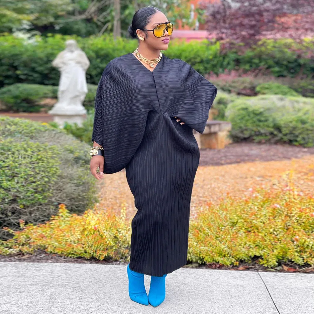 CM.YAYA Elegant Women Pleated Batwing Long Sleeve V-neck Slim Maxi Long Dress INS Fashion Autumn Winter Ruched Dresses Vestidos